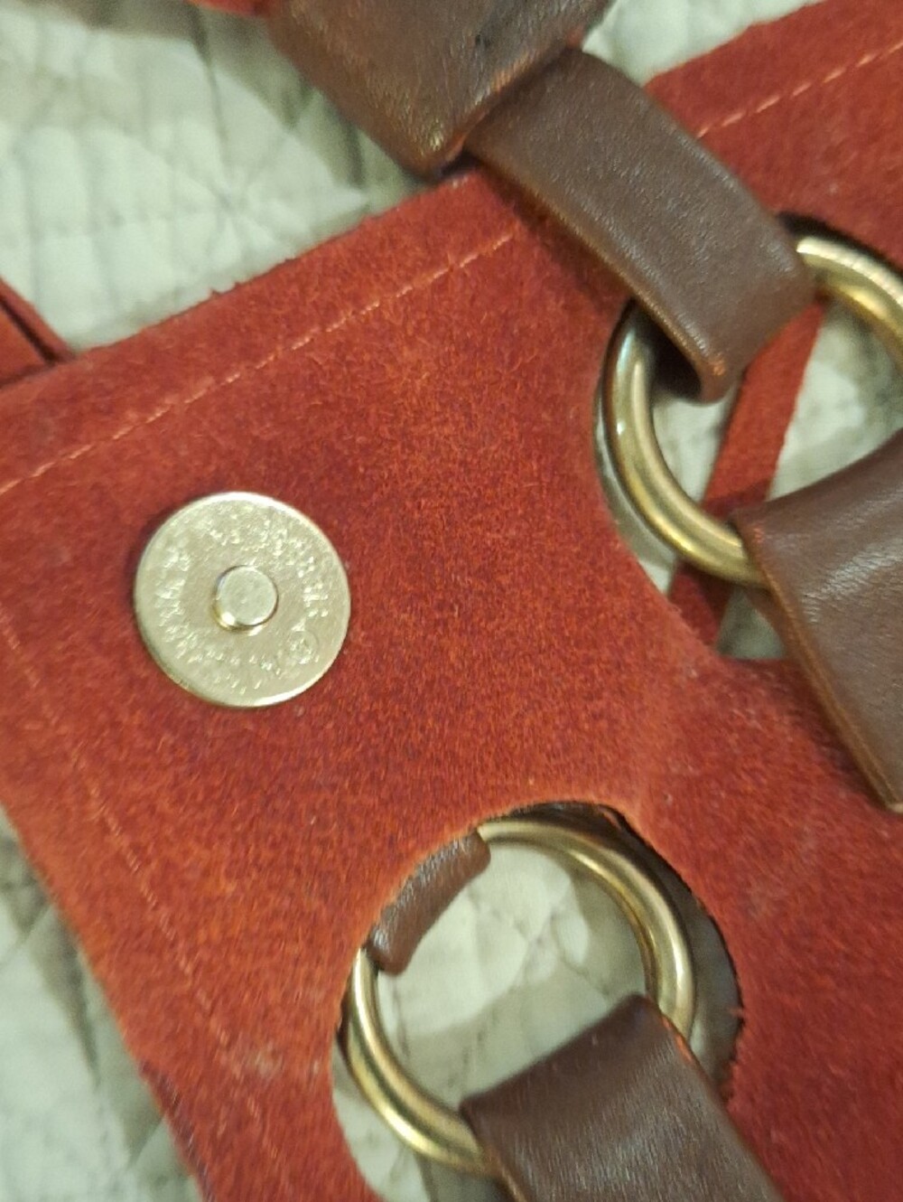 Free People Rust Red Suede Fringe Crossbody Bag w brass rings, leather accents - Picture 3 of 8